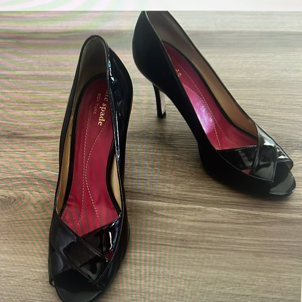 Kate Spade black patent peep toe stiletto heels size 9